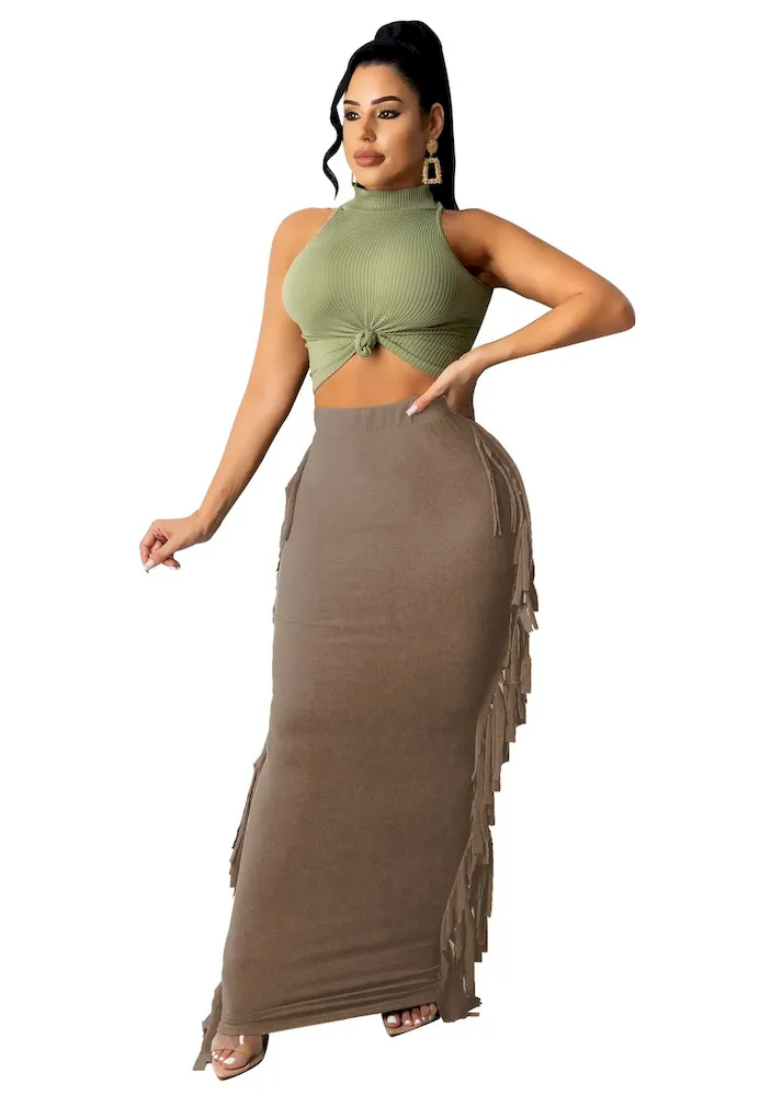 Women Fashion Slim-Fit Printed Stripe-Side Tassel Skirt - Image 11