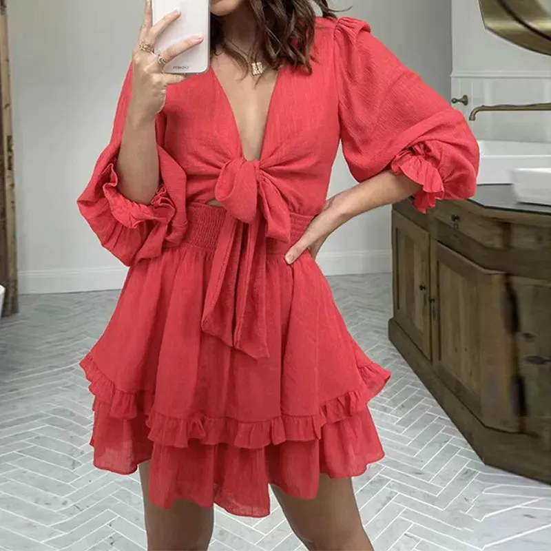Women Casual Solid Color V-Neck Puff Long Sleeve Lace-Up Ruffled Dress - Image 6