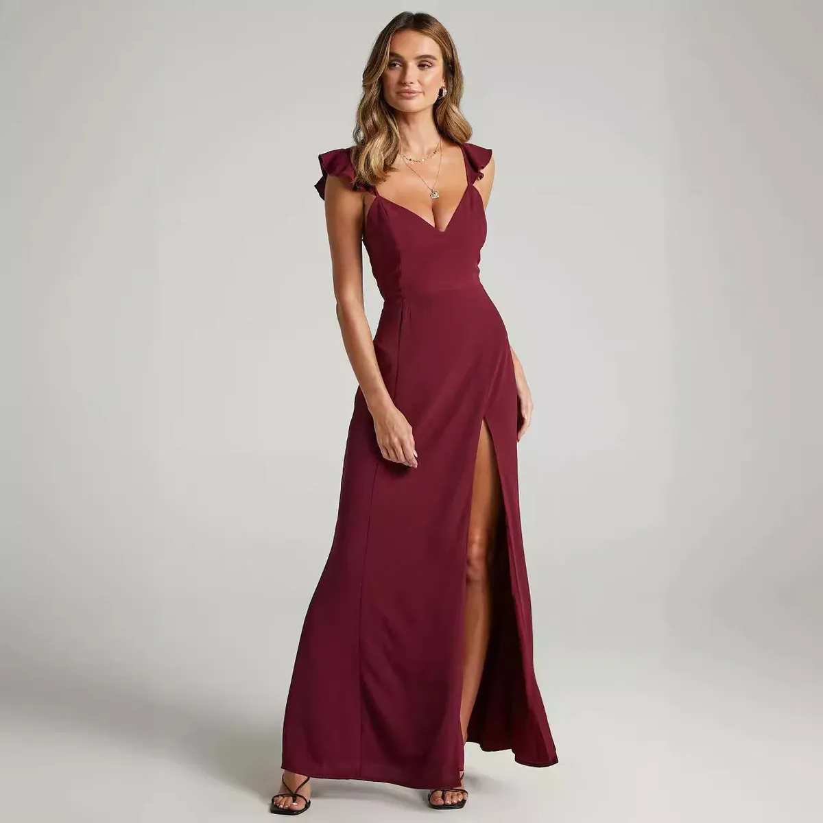Women Elegant Solid Color Side Slit Sling Party Dress - Image 3