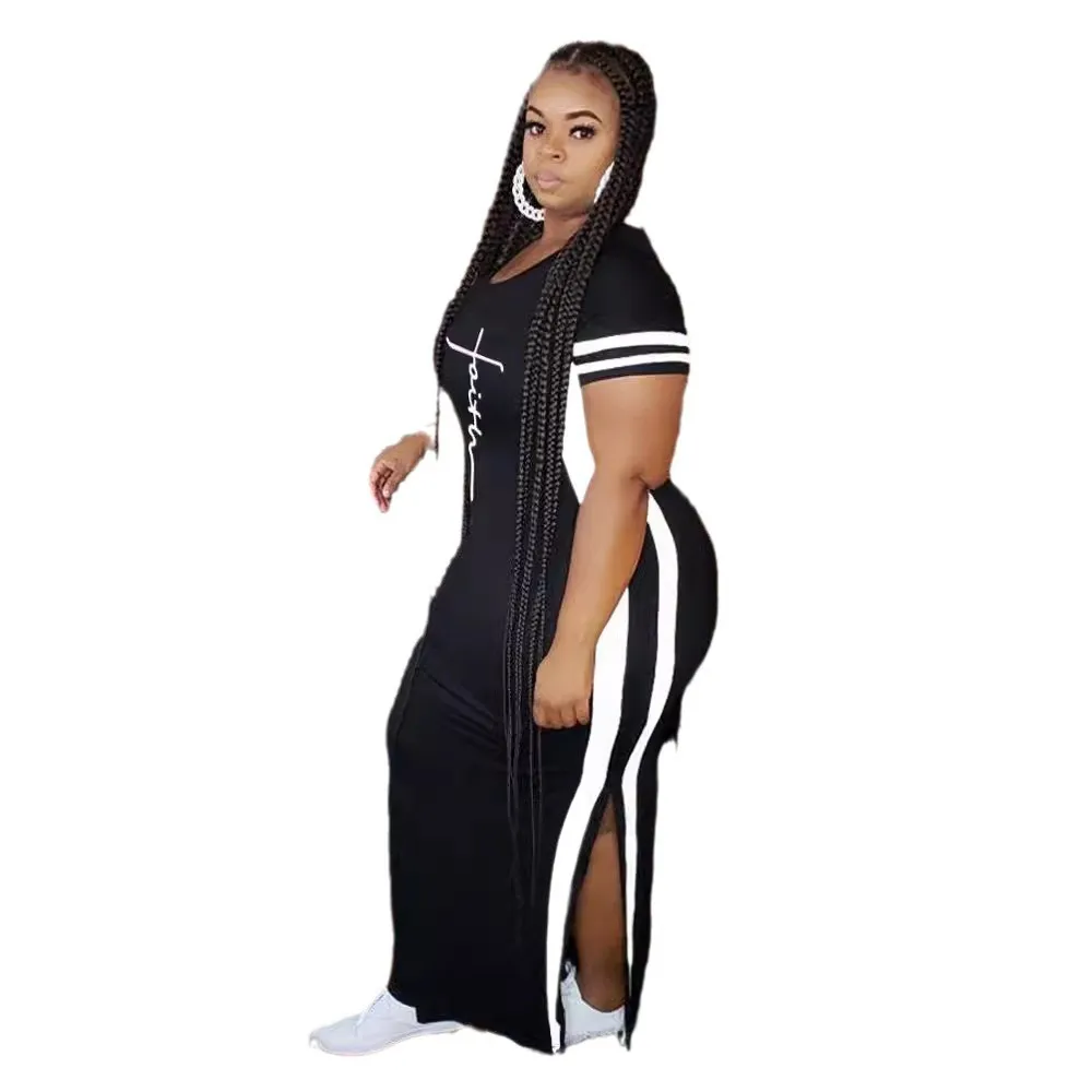 Women Fashion Casual Printed Split Short Sleeve Round Neck Plus Size Dress - Image 3