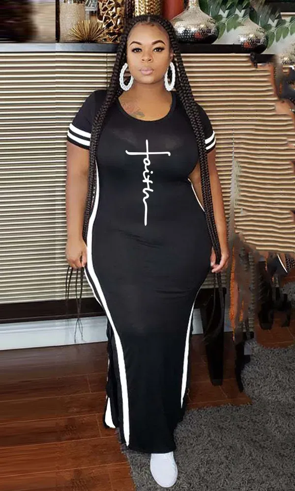 Women Fashion Casual Printed Split Short Sleeve Round Neck Plus Size Dress - Image 4