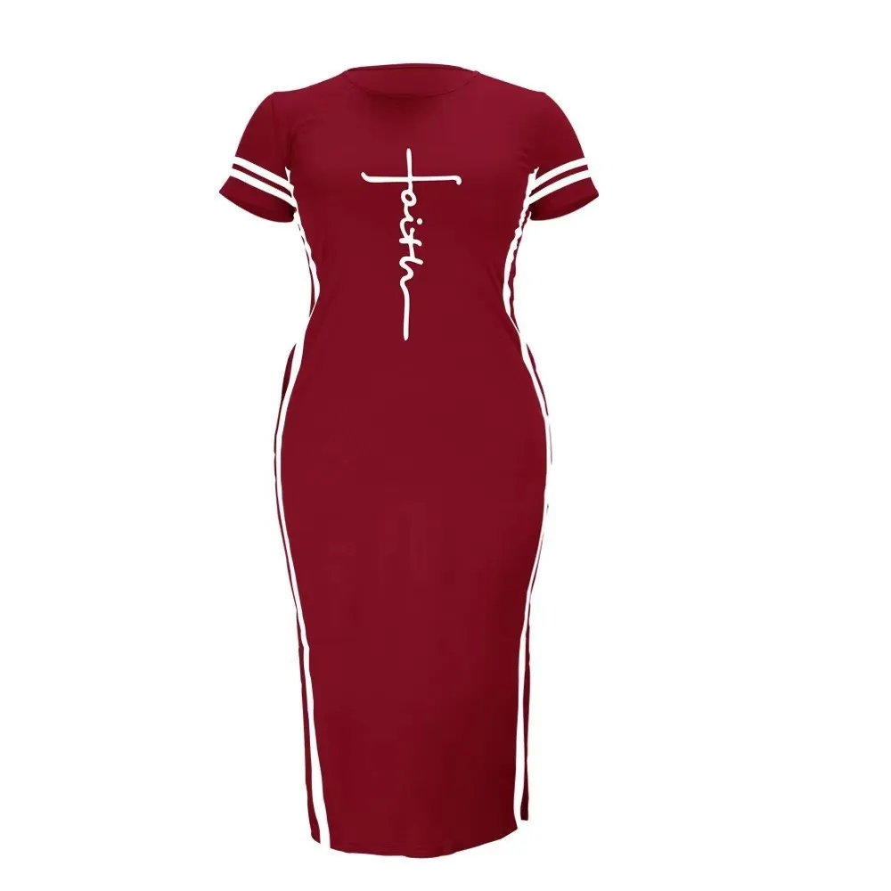 Women Fashion Casual Printed Split Short Sleeve Round Neck Plus Size Dress - Image 5