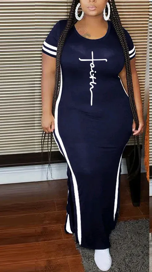 Women Fashion Casual Printed Split Short Sleeve Round Neck Plus Size Dress - Image 8