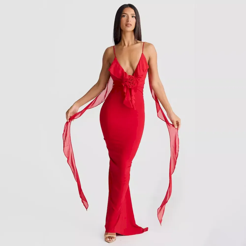 Women Sexy V-Neck Backless Slim Fit Strap Camisole Fishtail Evening Dress