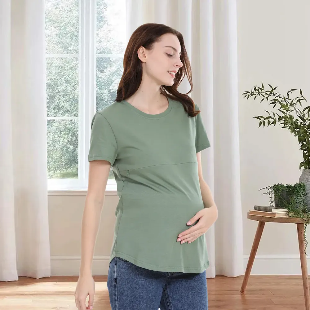 Women Casual Short-Sleeved Cotton Zipper Breastfeeding Pregnant Women T-Shirt - Image 3