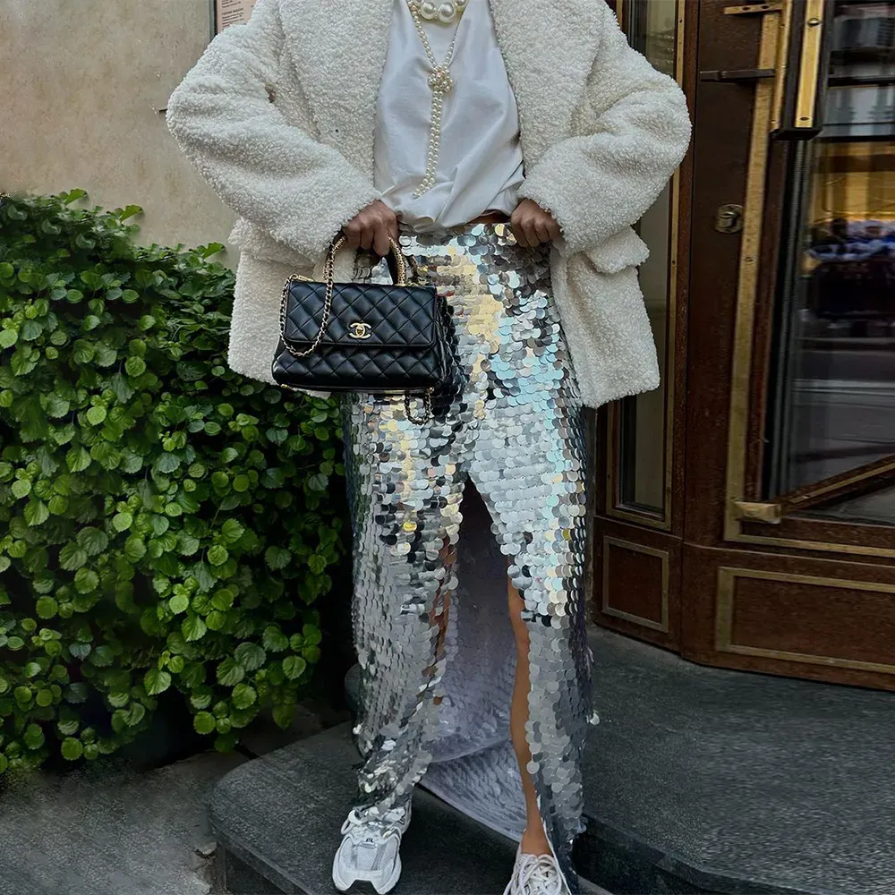 Women Fashion Sexy Sequin Split Long Skirt - Image 4