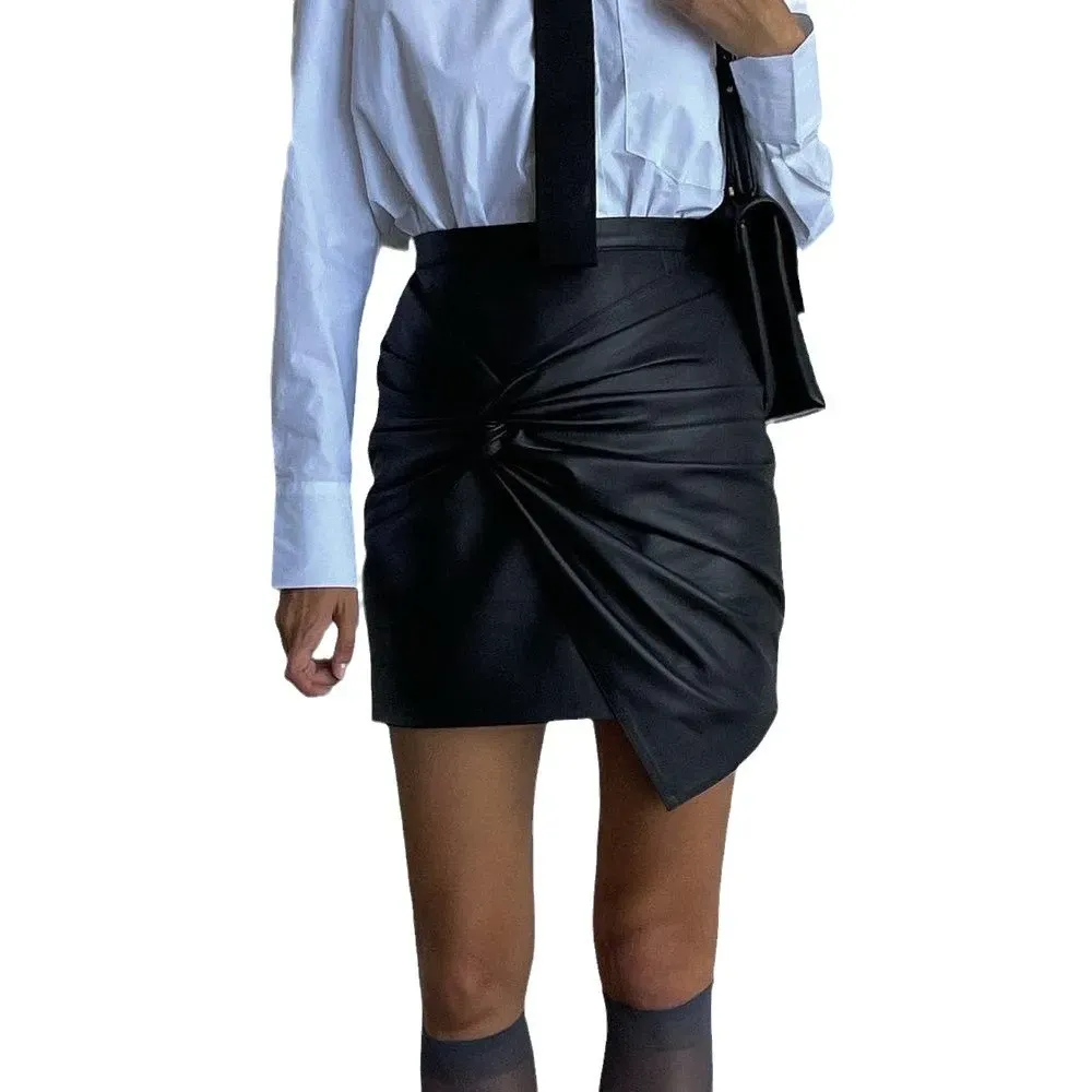 Women Fashion Sexy Solid Color Pu Leather Pleated Skirt - Image 3