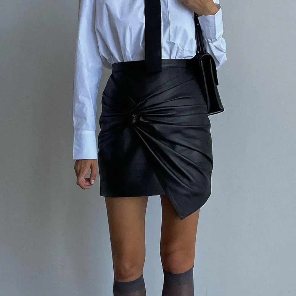 Women Fashion Sexy Solid Color Pu Leather Pleated Skirt - Image 4