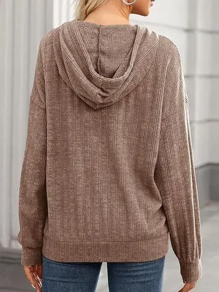 Women Autumn And Winter Casual Rib-Knit Pocket Loose Long Sleeve Hoodie - Image 3