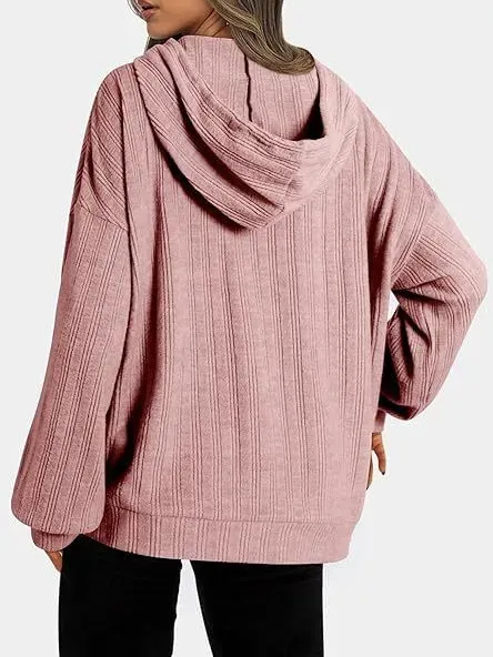 Women Autumn And Winter Casual Rib-Knit Pocket Loose Long Sleeve Hoodie - Image 4