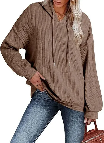 Women Autumn And Winter Casual Rib-Knit Pocket Loose Long Sleeve Hoodie - Image 7