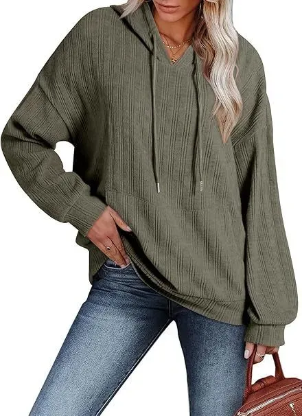 Women Autumn And Winter Casual Rib-Knit Pocket Loose Long Sleeve Hoodie - Image 10