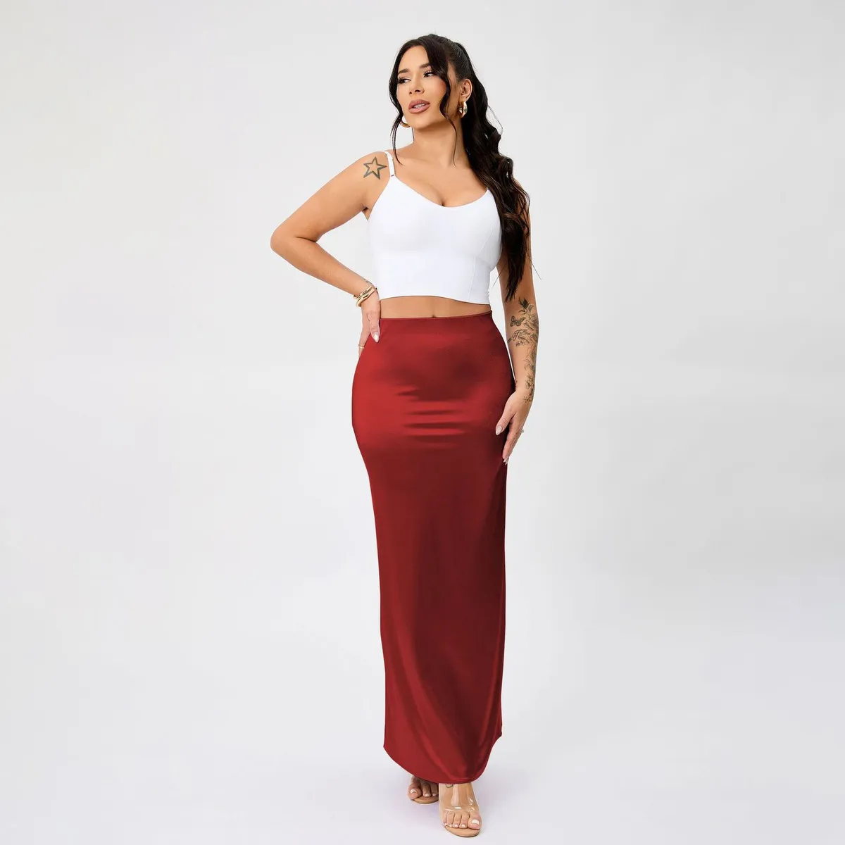 Women Fashion Elegant Solid Color High-Waist Satin A- Line Mid-Length Skirt