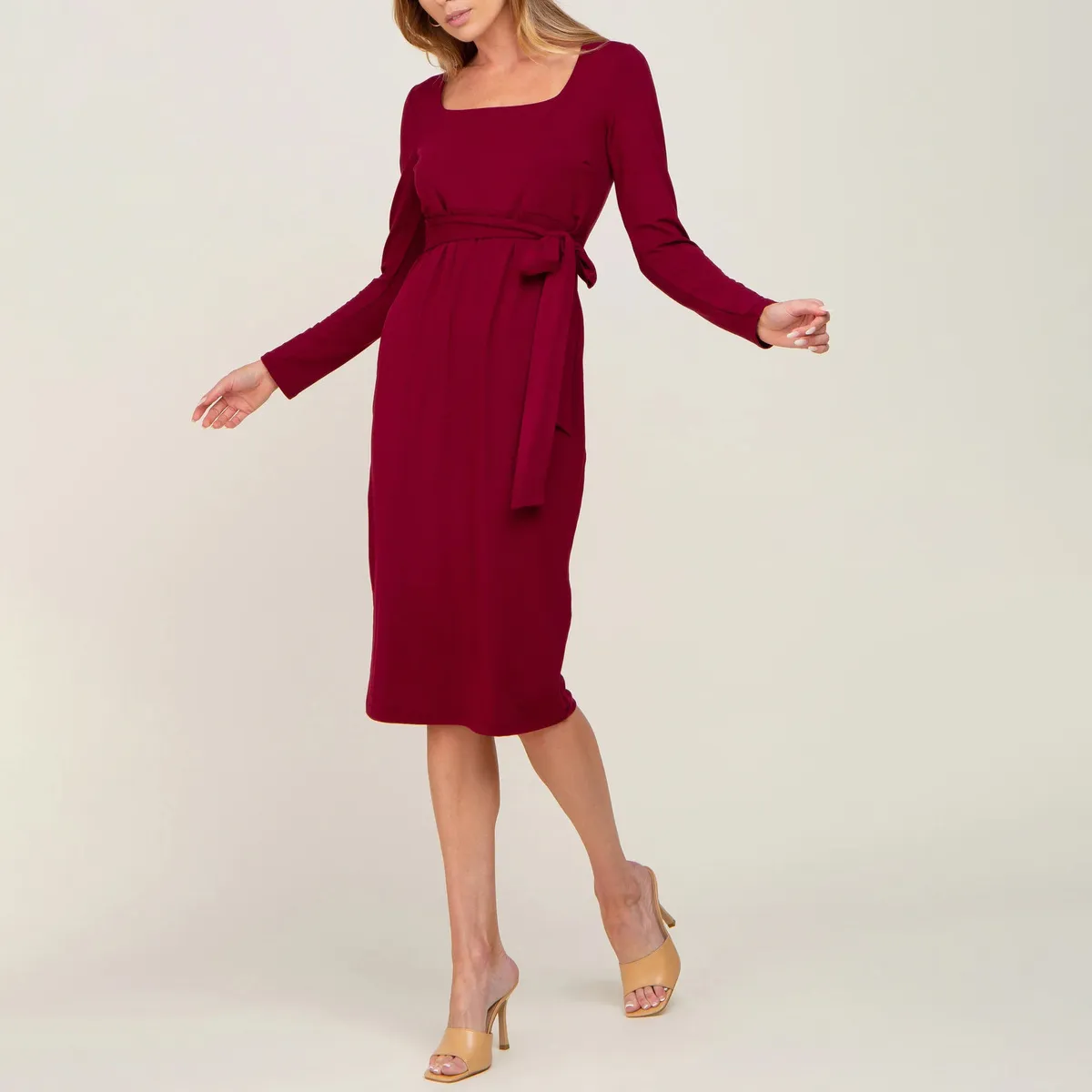Pregnant Women Fashion Casual Square Neck Long Sleeve Lace-Up Dress - Image 4