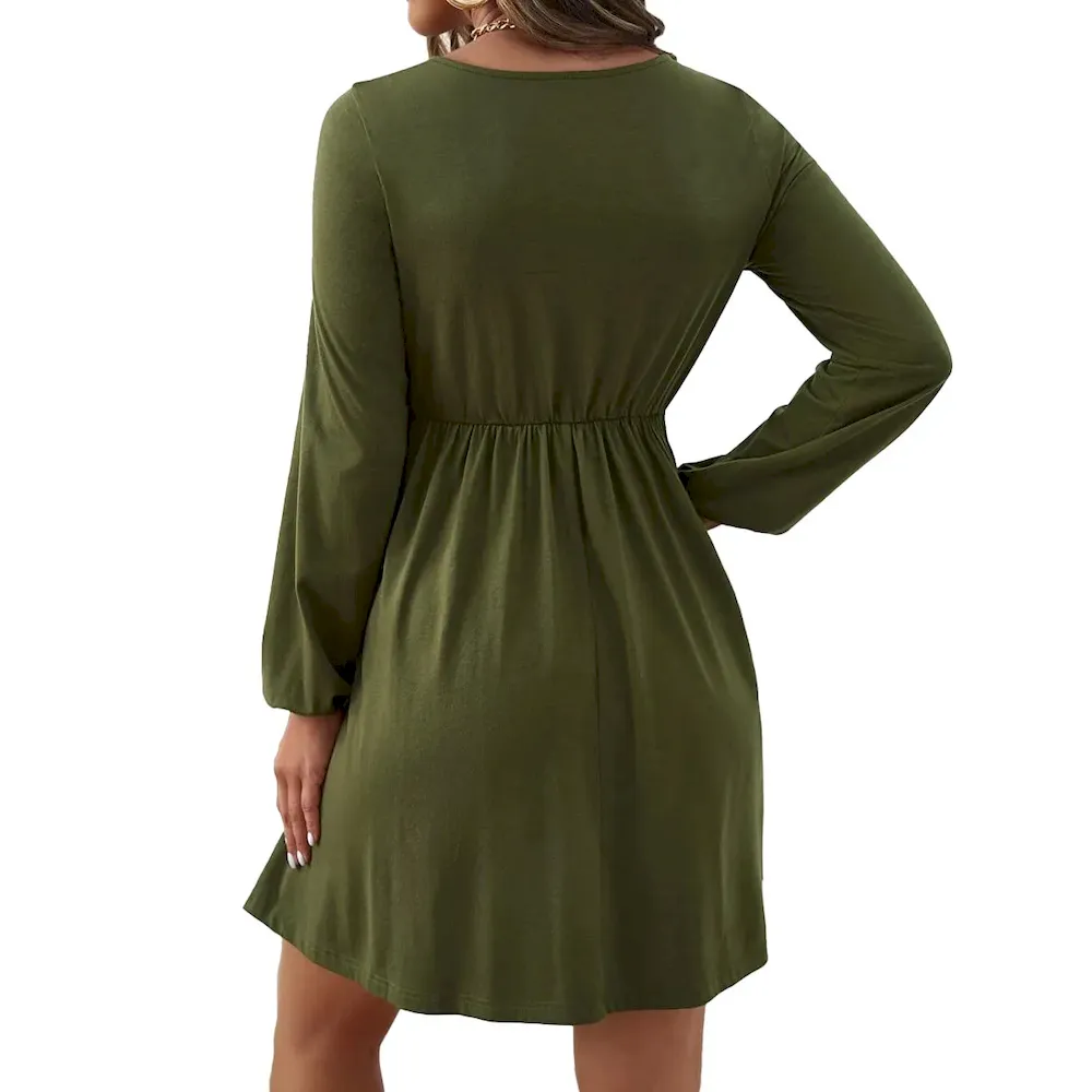 Pregnant Women Simple Solid Color Long Sleeve Lace-Up Dress - Image 3