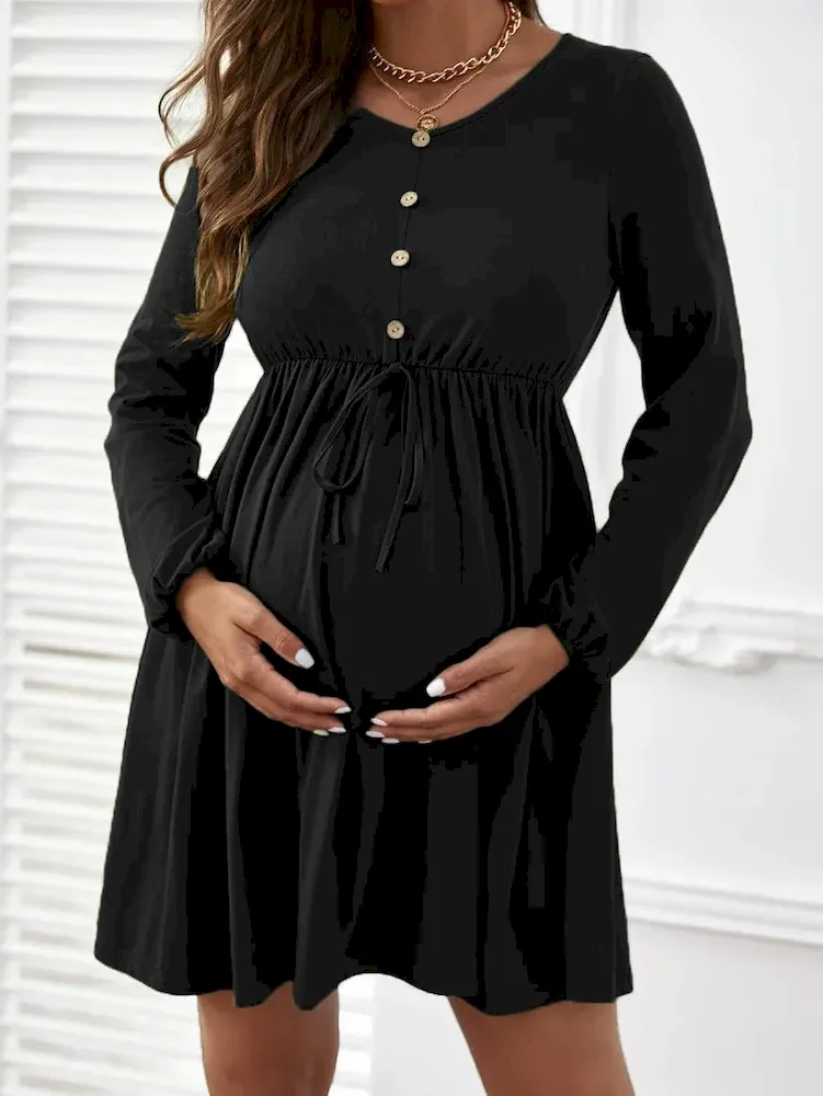 Pregnant Women Simple Solid Color Long Sleeve Lace-Up Dress - Image 5
