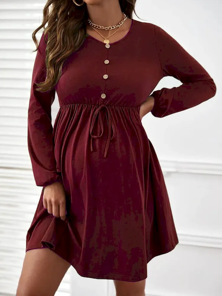 Pregnant Women Simple Solid Color Long Sleeve Lace-Up Dress - Image 6