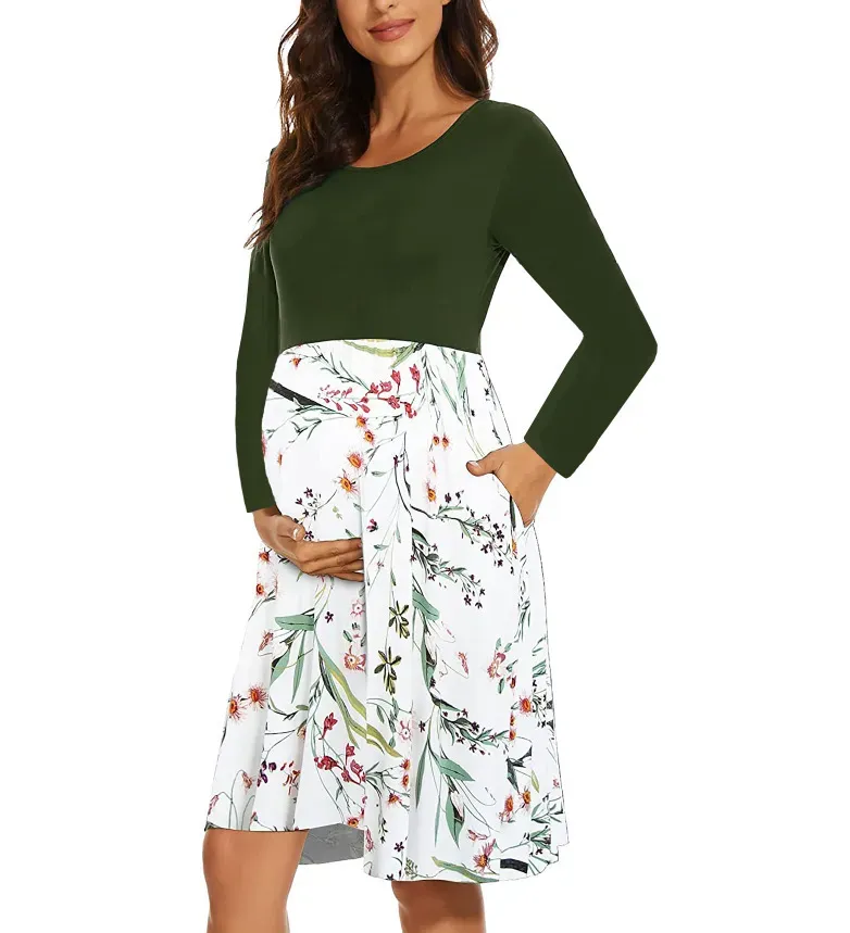 Pregnant Women Fashion Casual Floral Printed Splicing Round-Neck Pocket Dress - Image 3