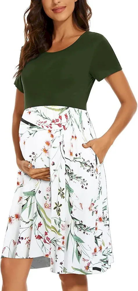 Pregnant Women Fashion Casual Floral Printed Splicing Round-Neck Pocket Dress - Image 4