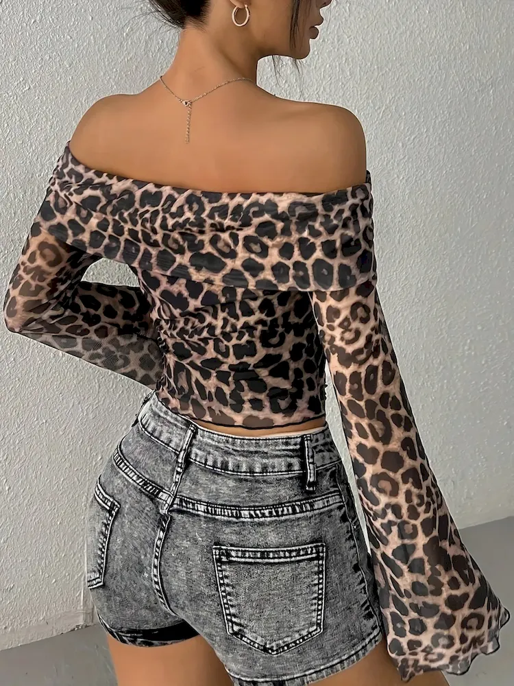 Women Sexy Leopard Print Off-Shoulder Long Sleeve Crop Top - Image 3
