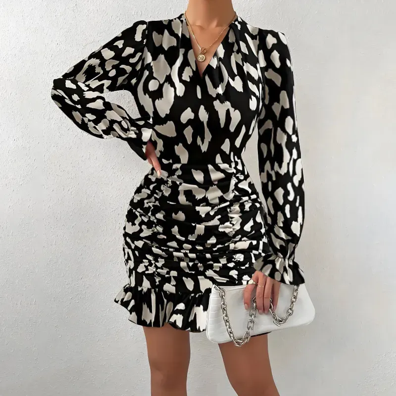Women Fashion Leopard Printing Long Sleeve Ruffled Dress - Image 3
