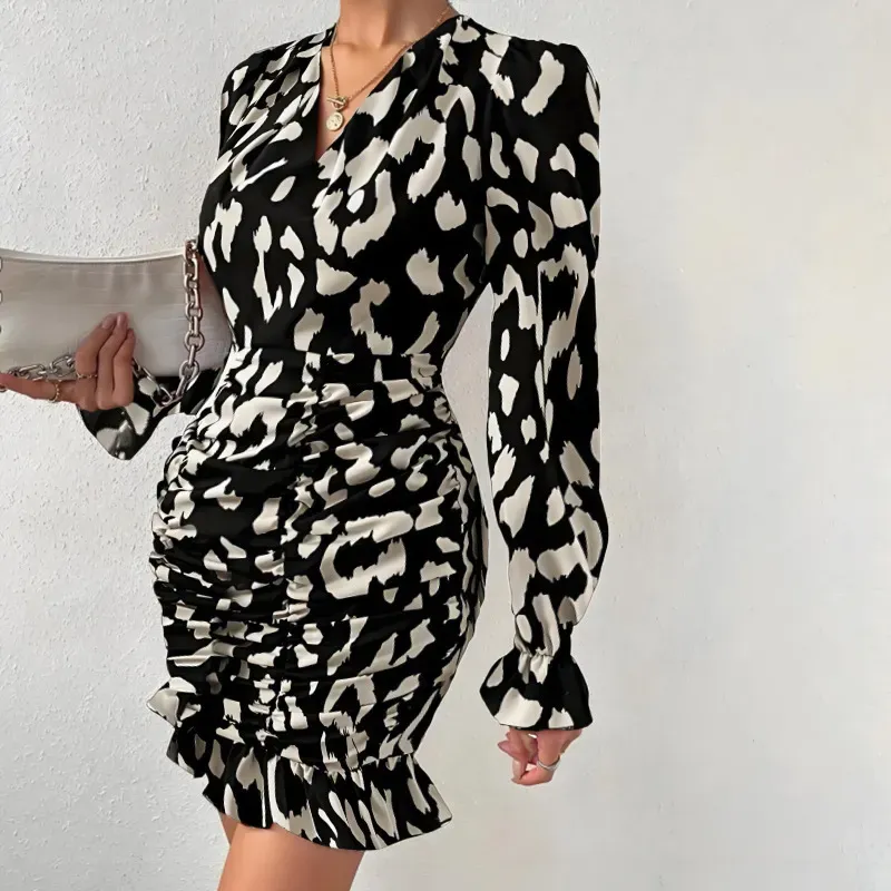 Women Fashion Leopard Printing Long Sleeve Ruffled Dress - Image 4