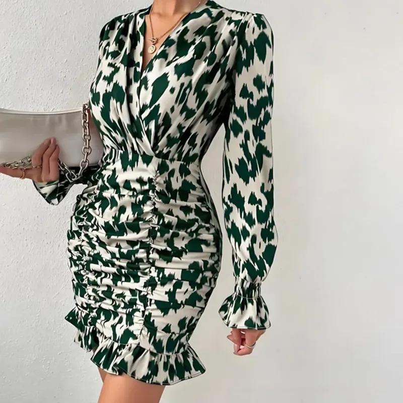 Women Fashion Leopard Printing Long Sleeve Ruffled Dress - Image 6