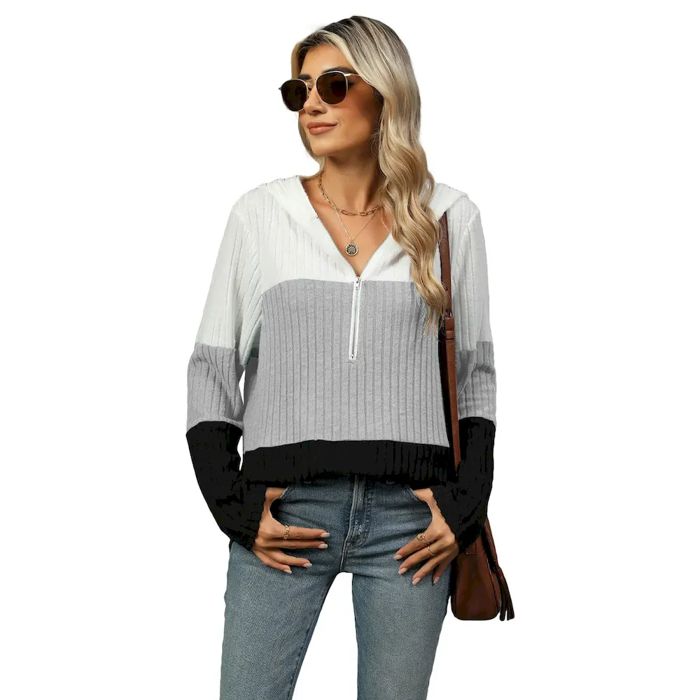 Women Fashion Casual Loose Contrast Color Stitching Zipper Long Sleeve Hoodies - Image 5