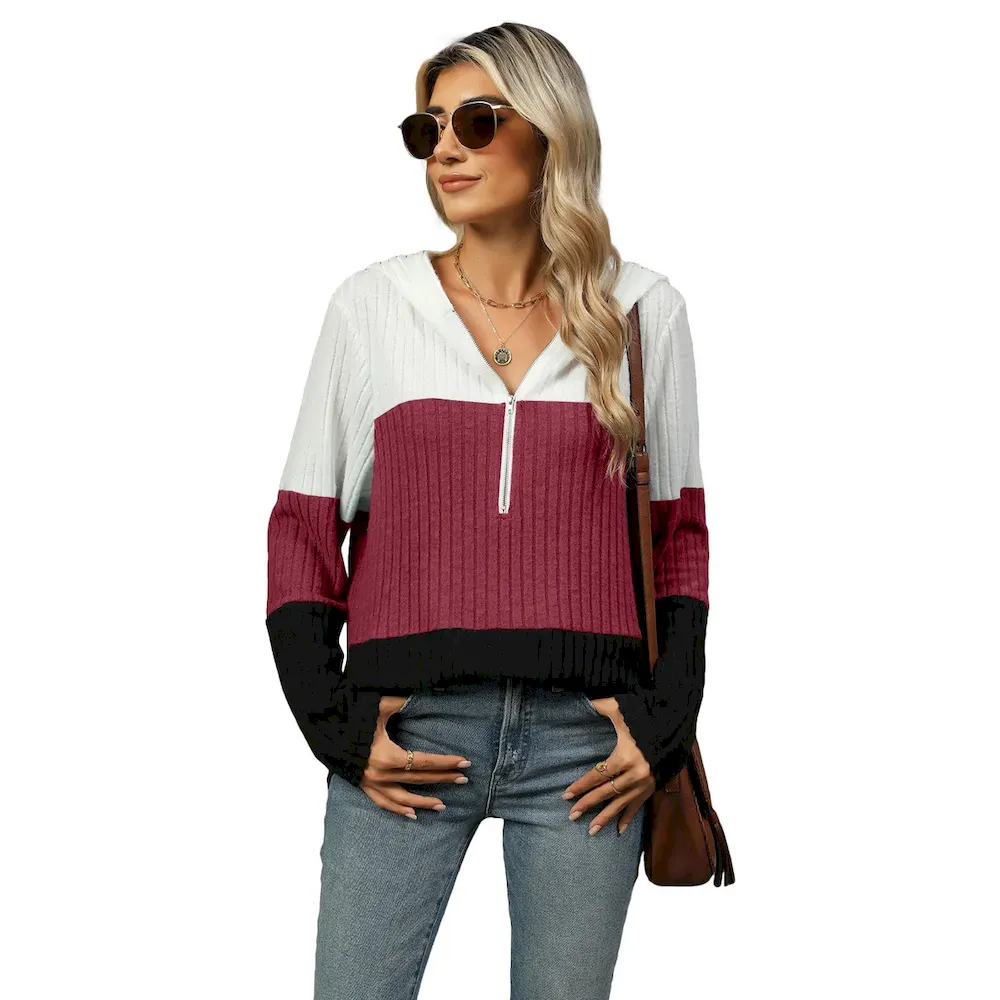 Women Fashion Casual Loose Contrast Color Stitching Zipper Long Sleeve Hoodies - Image 6