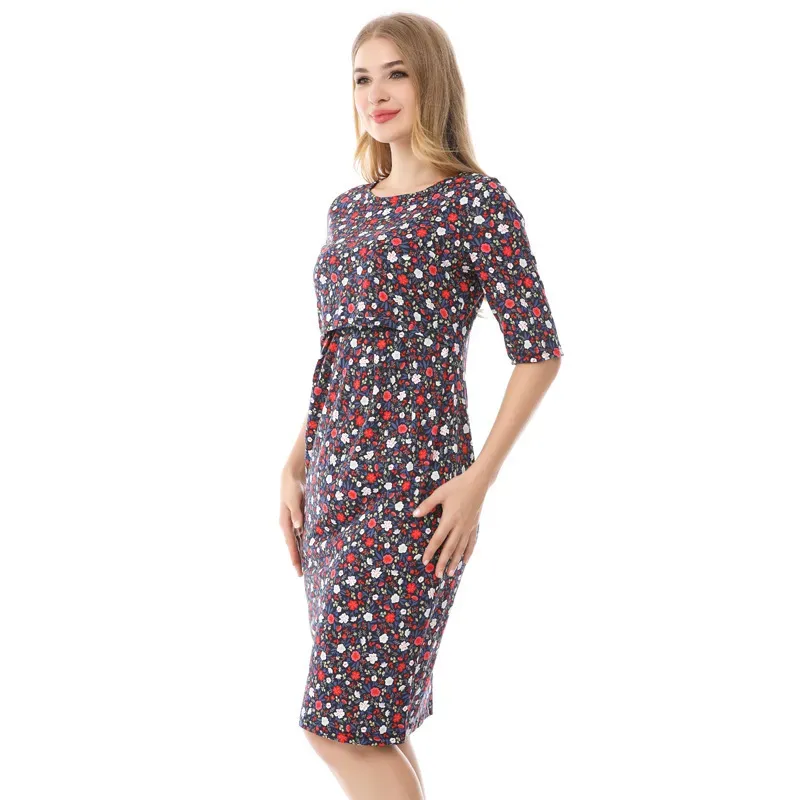 Summer Pregnant Women Casual Small Tiny Flower Printed Round Neck Short Sleeve Breastfeeding Dress - Image 4
