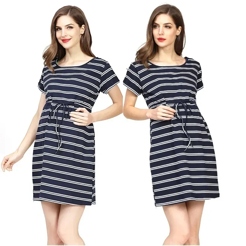 Summer Pregnant Women Fashion Casual Stripe Printed Round Neck Short Sleeve Adjustable Belt Breastfeeding Dress - Image 4
