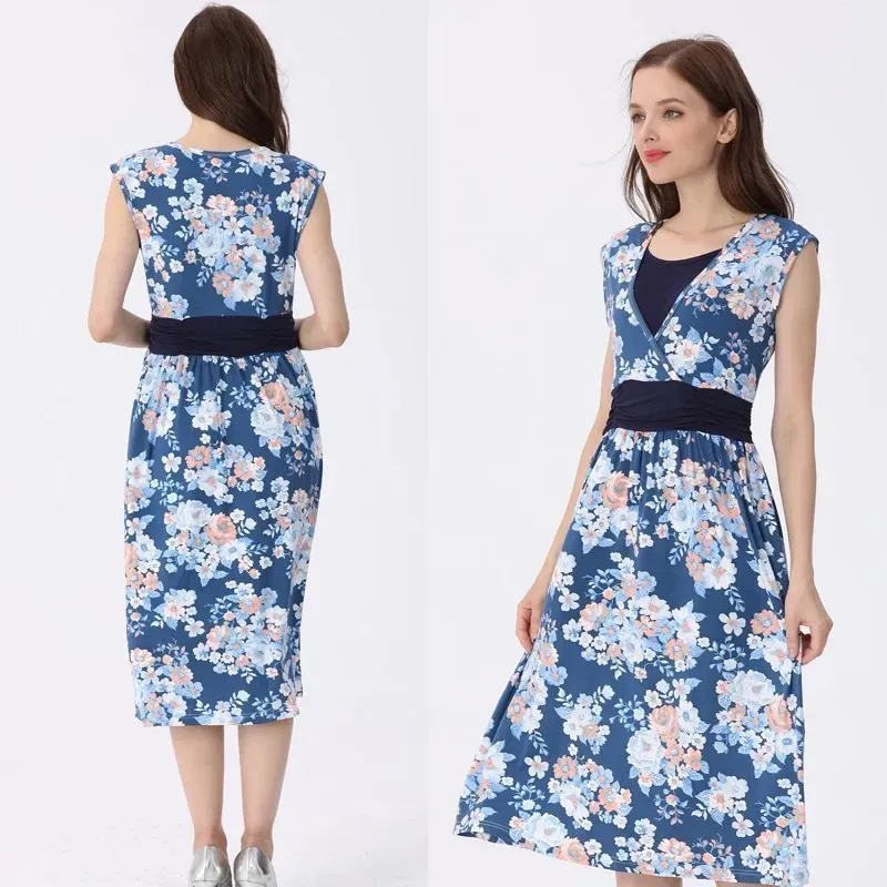 Summer Pregnant Women Fashion V-Neck Small Tiny Flower Printed Nursing Dress