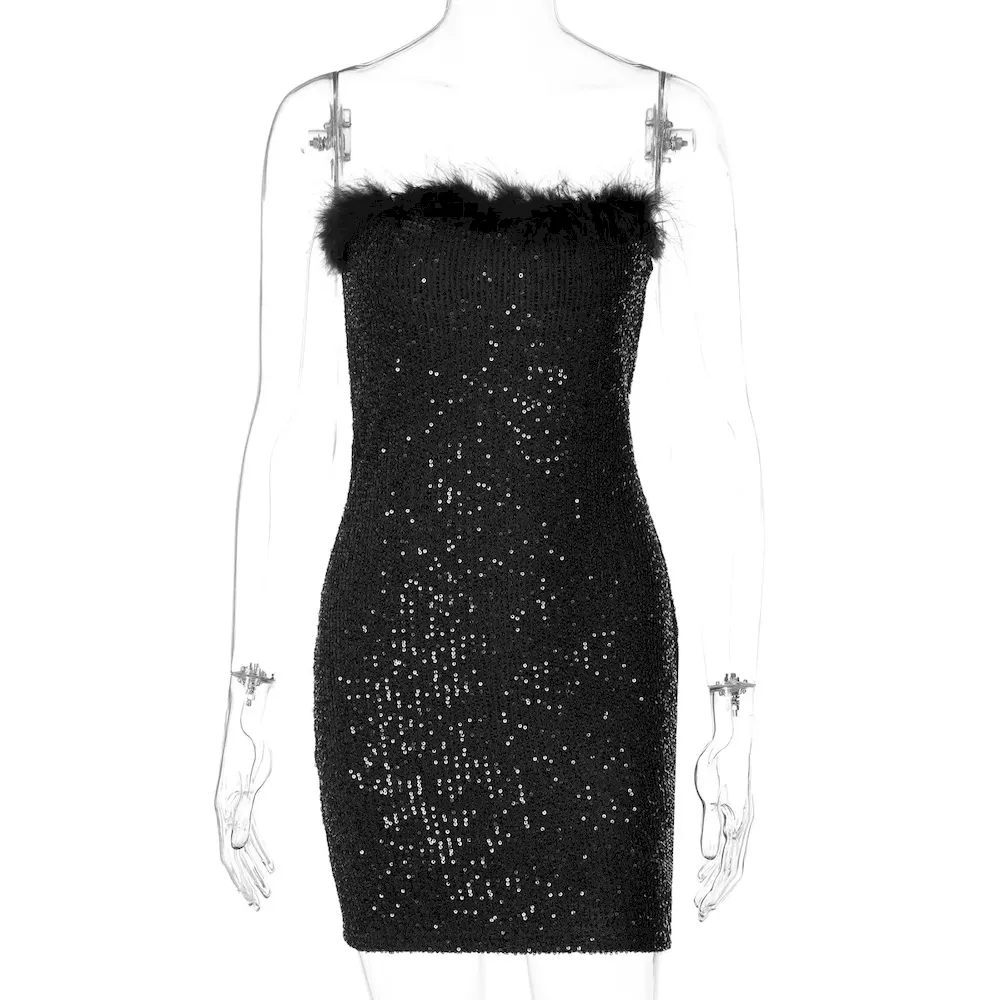 Women Nightclub Nightclub Sexy Sequins Feather Tube Top Bodycon Mini Dress - Image 7