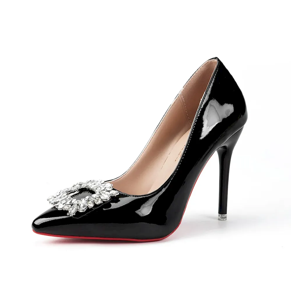 Women Fashion Elegant Rhinestone Square Buckle Pointed-Toe Red Bottom High Heels Shoes - Image 4