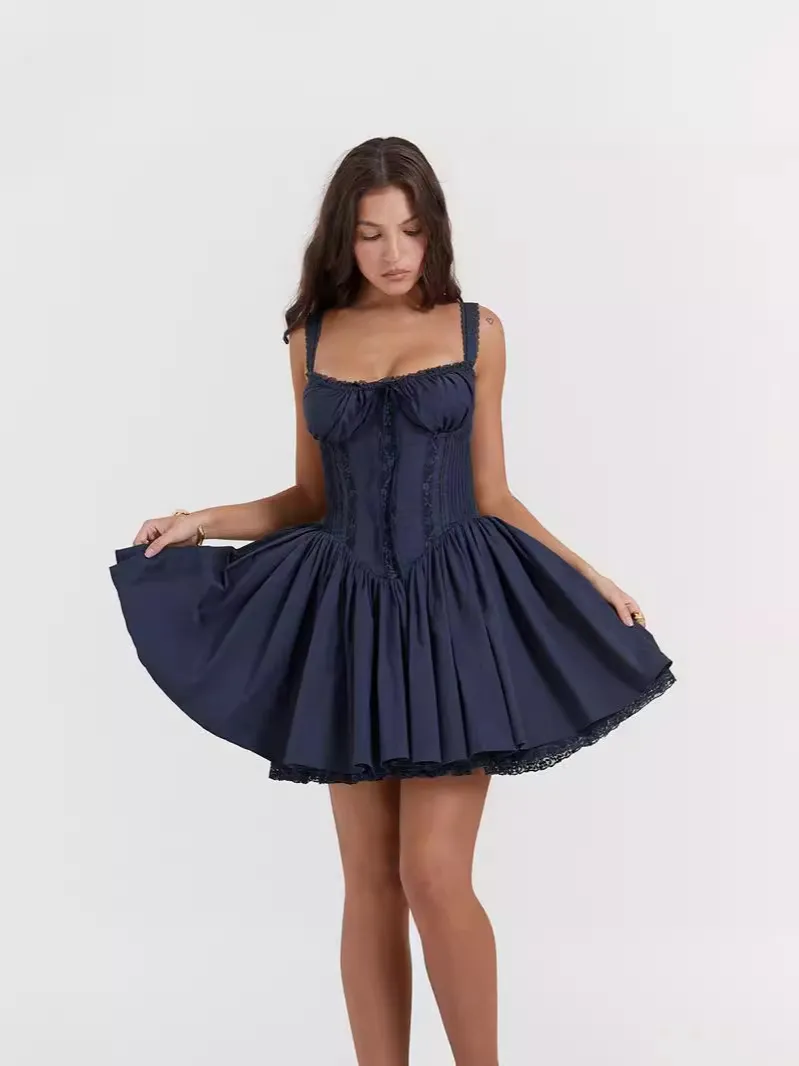 Vintage Women Fashion Lave-Up Defined Waist Lace Swing Dress - Image 3