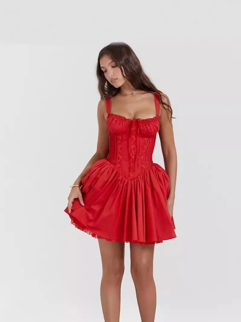 Vintage Women Fashion Lave-Up Defined Waist Lace Swing Dress - Image 6