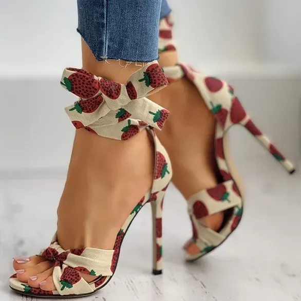 Women Fashion Sexy Strawberry Print Round Toe Lace-Up High Heel Shoes