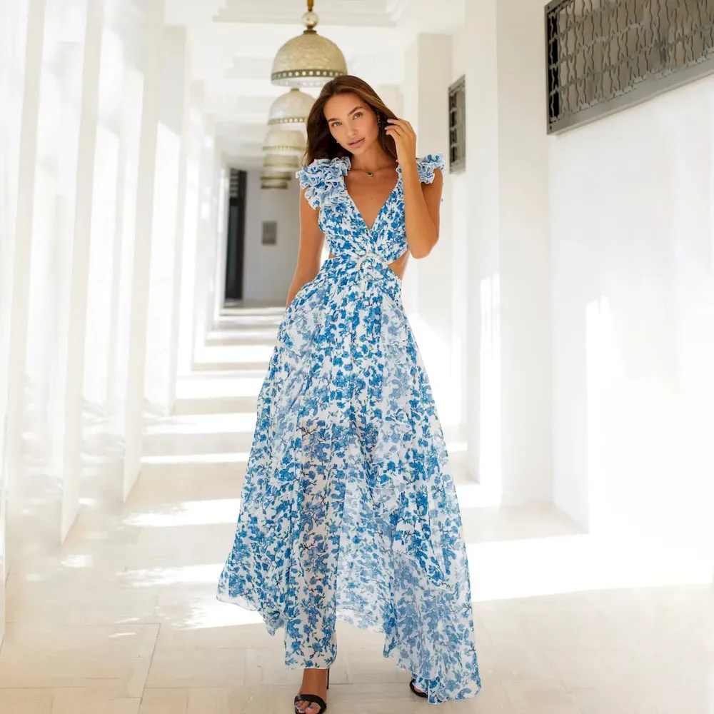 Women Summer Vacation Hollow-Out Slim-Fit Deep V Ruffled Tiny Flower Backless Maxi Dress - Image 7