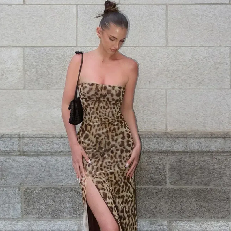 Women Summer Leopard Printed Sexy Strapless Side Slit Tube Dress