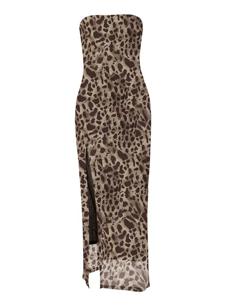 Women Summer Leopard Printed Sexy Strapless Side Slit Tube Dress - Image 5