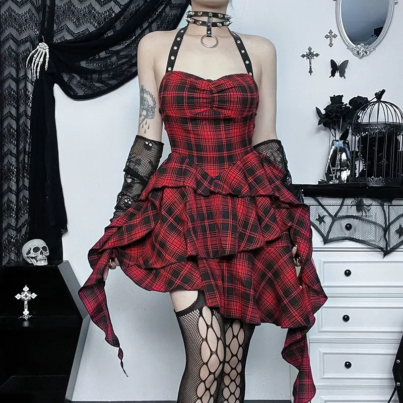 Women Fashion Sexy Gothic Irregular Ruffled Red Plaid Halter-Neck Backless Slim Fit Dress