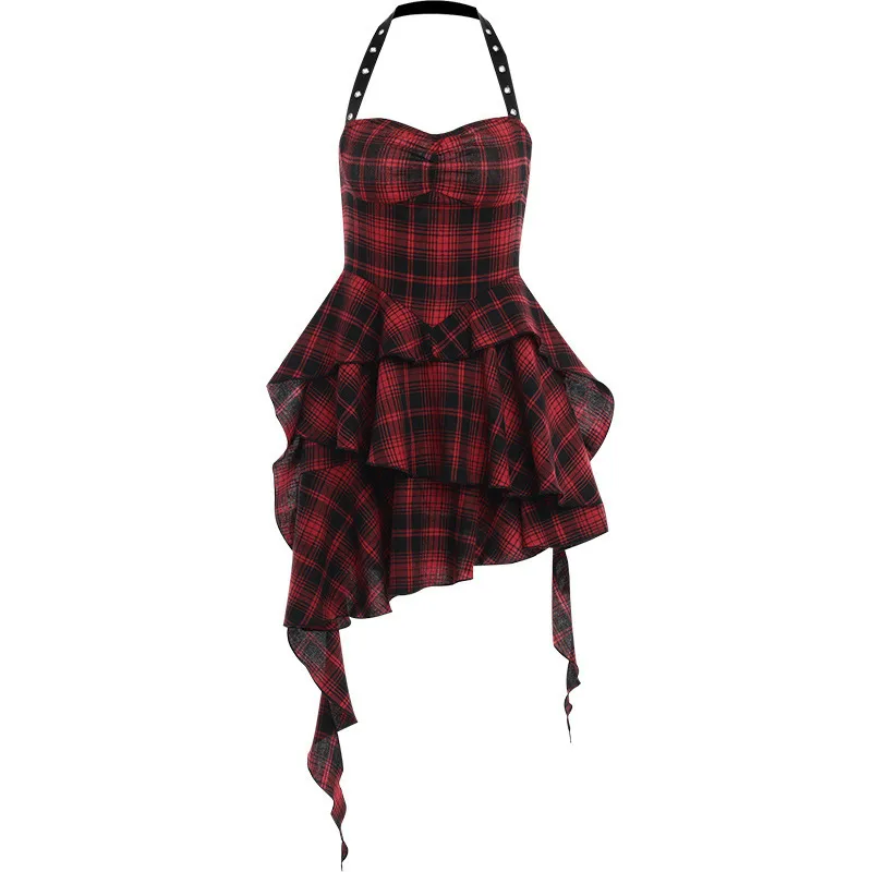 Women Fashion Sexy Gothic Irregular Ruffled Red Plaid Halter-Neck Backless Slim Fit Dress - Image 4