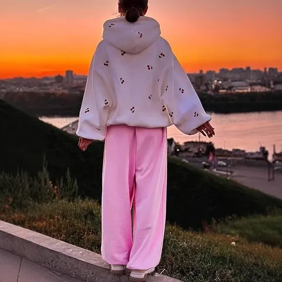 Cherry Printed Women Street Fashion Loose Sports Zipper Hoodie - Image 3