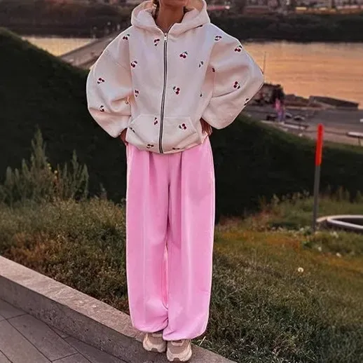 Cherry Printed Women Street Fashion Loose Sports Zipper Hoodie - Image 4