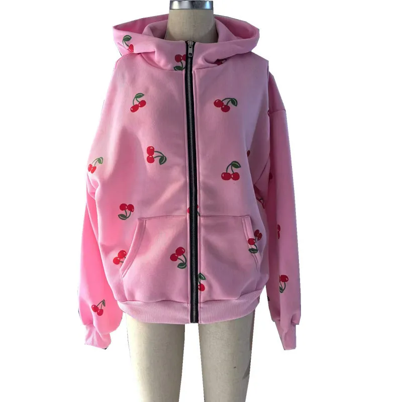 Cherry Printed Women Street Fashion Loose Sports Zipper Hoodie - Image 5
