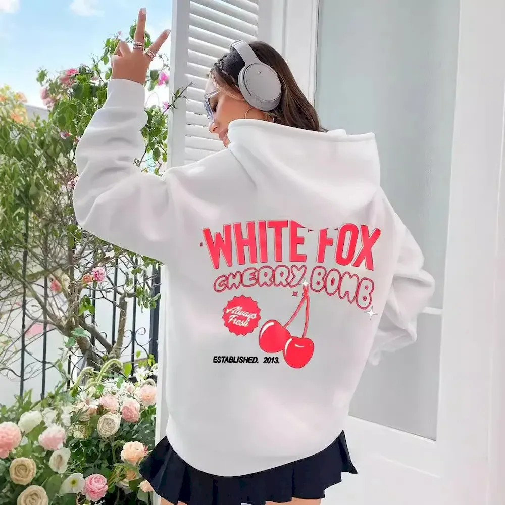 White Fox Cherry Bomb Print Casual Hoodie