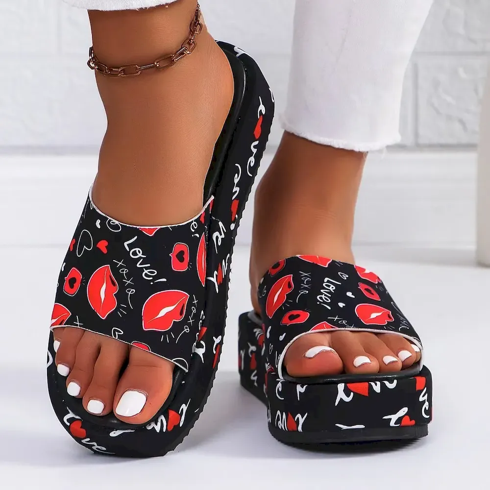 Women Fashion Casual Printed Round-Toe Platform Wear-Resistant Slippers