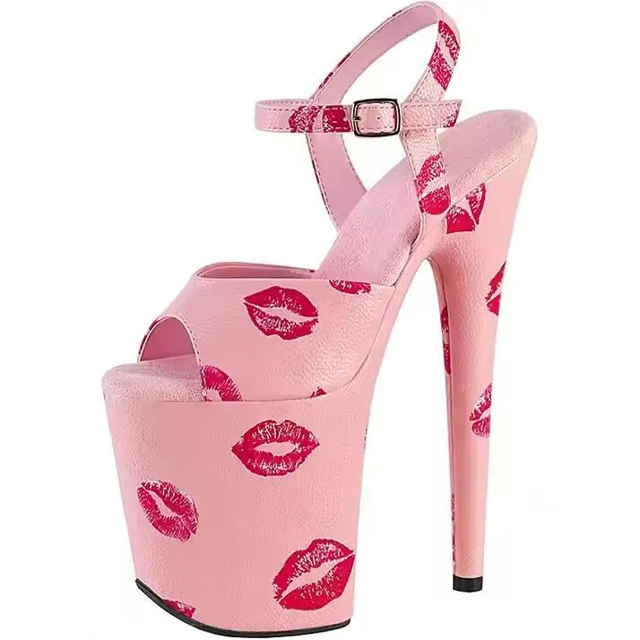 Women Sexy Nightclub Pole Dance Lips Print 20Cm High-Heeled Shoes