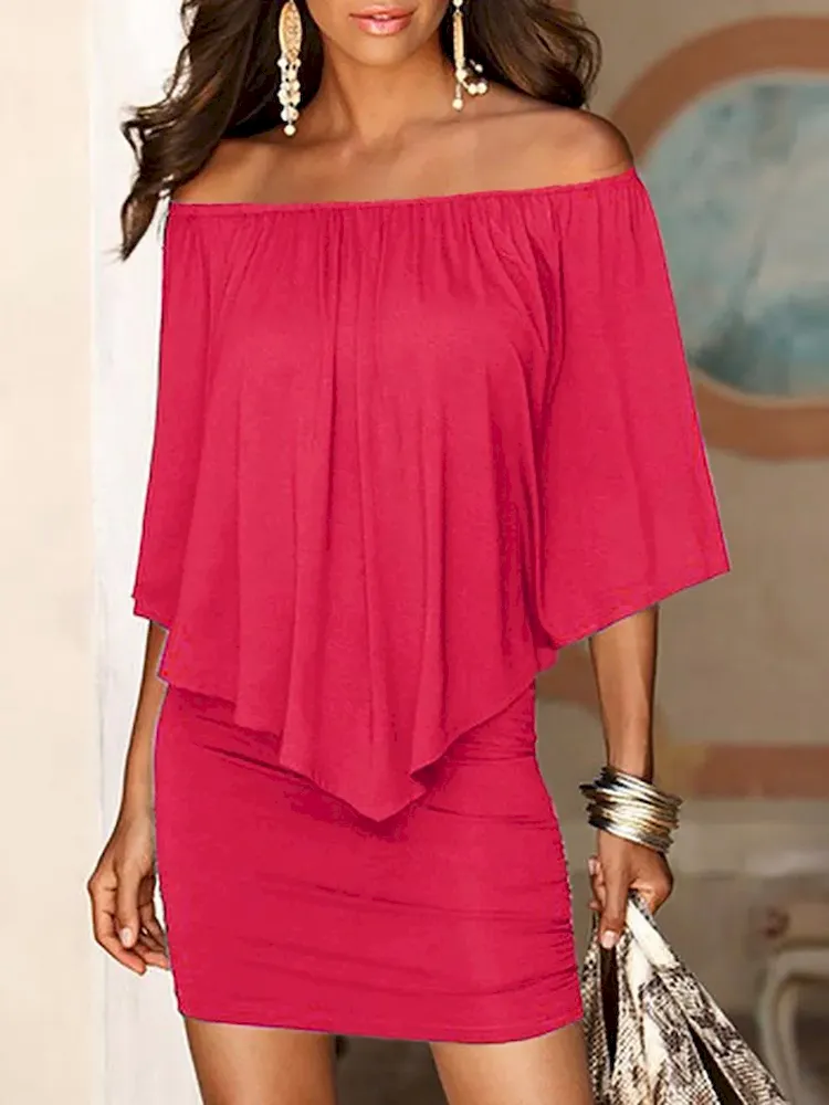 Women Sexy Solid Color Irregular Pleated Off Shoulder Slim Fit Dress - Image 7