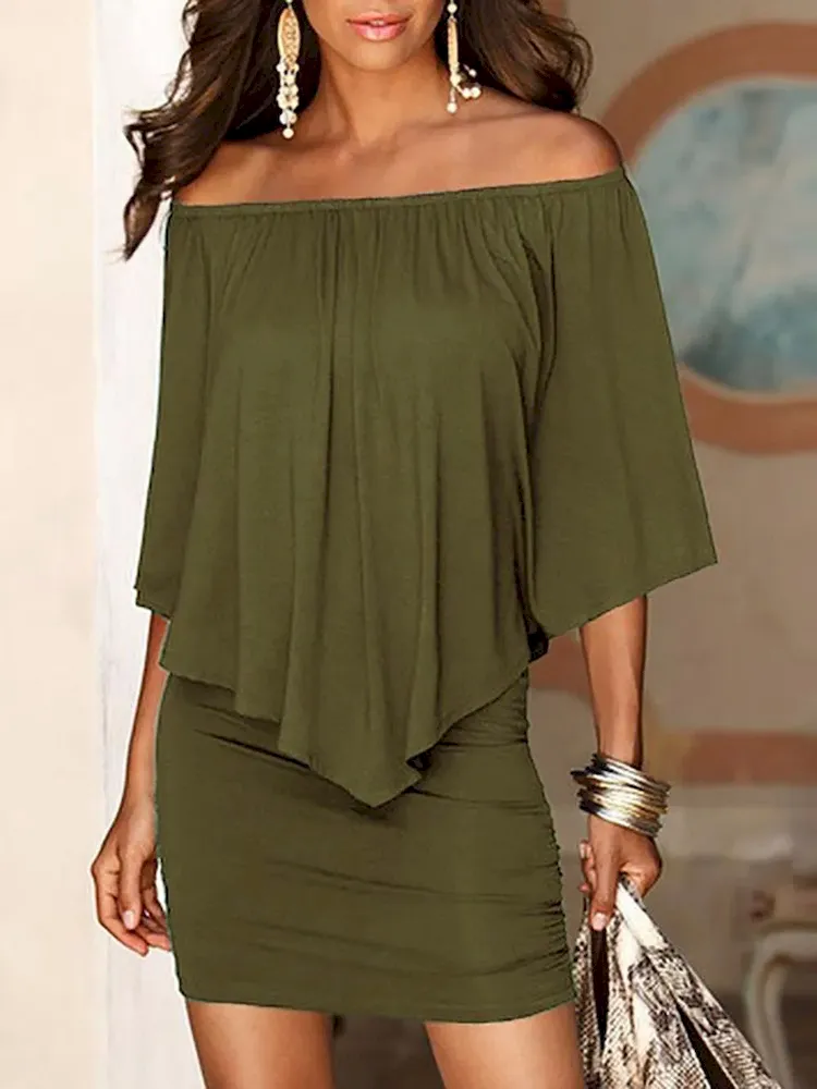 Women Sexy Solid Color Irregular Pleated Off Shoulder Slim Fit Dress - Image 10